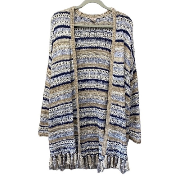 Chicos Cool Toned Open Stitch Cardigan Tassel Shimmer Sz XL - Picture 1 of 9